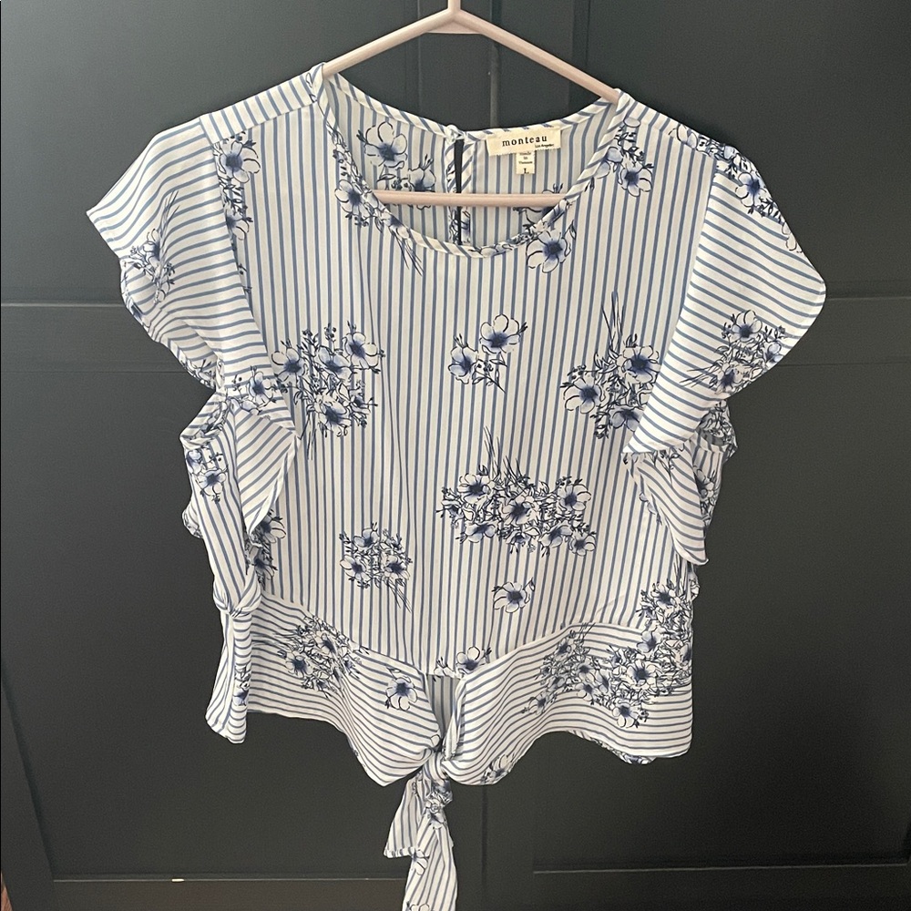 Monteau Blue & White Striped Floral Tie-Front Blouse